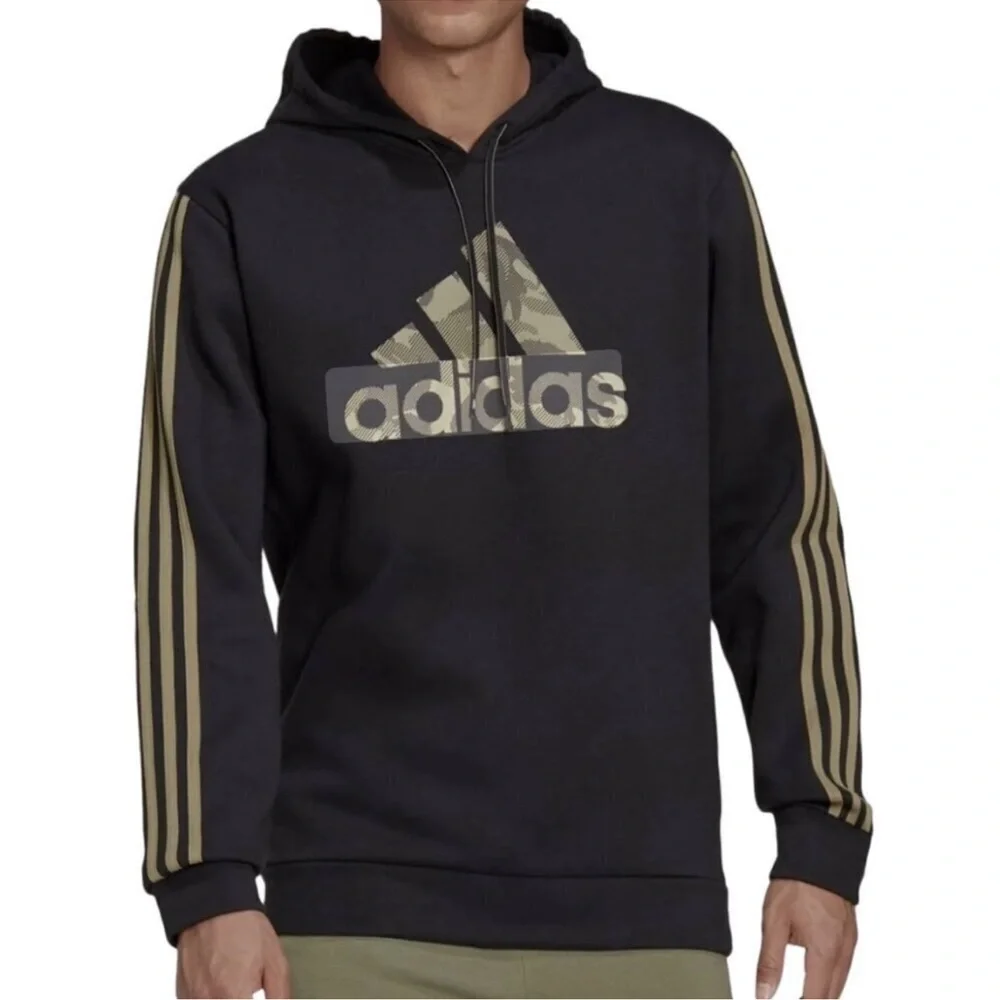 ADIDAS Black Camo Logo Three Stipe Hoodie Sweatshirt Graphic‎ Athletic Wear M